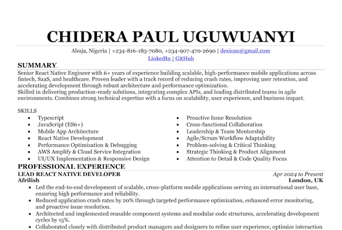 write an ats optimized resume for senior professional